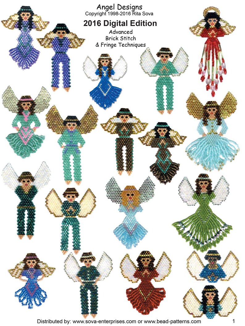 May include: A collection of 16 beaded angel ornaments in various colors and designs. The angels are all wearing dresses or pants and have wings. The title "Angel Designs 2016 Digital Edition" is at the top of the image. The text "Advanced Brick Stitch & Fringe Techniques" is below the title.