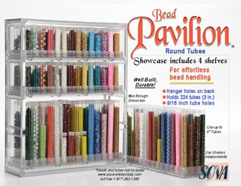 May include: A clear plastic bead storage organizer with four shelves. The organizer holds 224 bead tubes (3 inches) and has 9/16 inch tube holes. The organizer is labeled "Bead Pavilion Round Tubes".