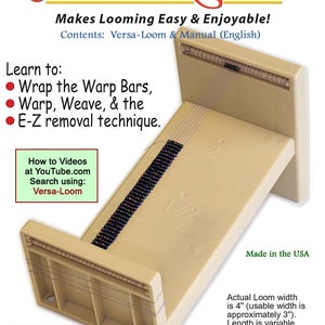 May include: A beige Versa-Loom bead loom with a black and iridescent beaded project in progress. The loom is 4 inches wide and can be adjusted in length from 2 to 15 inches. The loom is made in the USA. The image includes the text "Versa-Loom Makes Looming Easy & Enjoyable! Contents: Versa-Loom & Manual (English)"