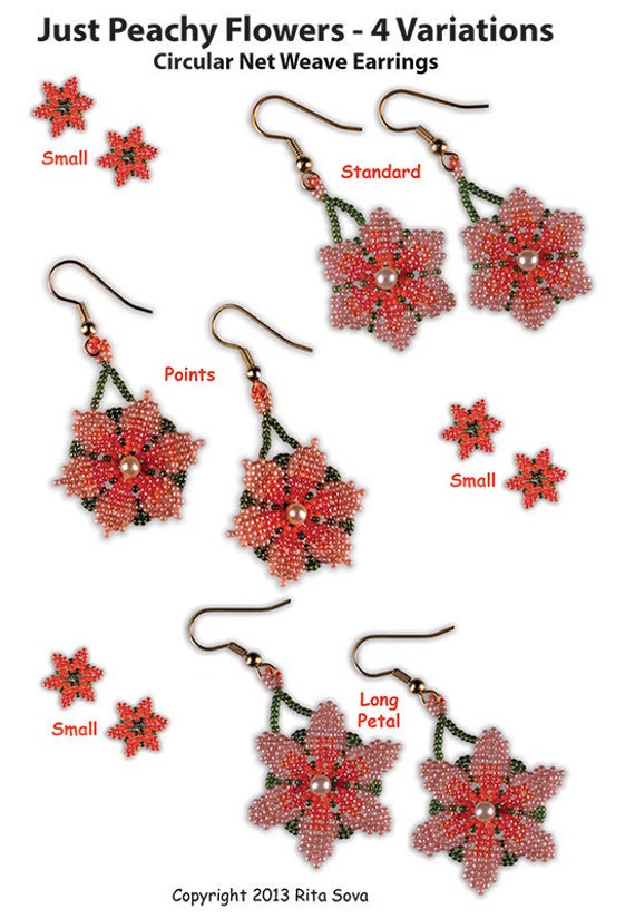 4 Variations Just Peachy Flowers Beading Tutorial Instant PDF.