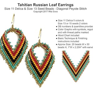 Può includere: Orecchini a foglia russa tahitiana realizzati con perline Delica taglia 11 e perline da seme taglia 13 nei colori turchese, nero, giallo, rosso e oro. Gli orecchini misurano circa 2,5 cm di larghezza per 5,7 cm di altezza. Gli orecchini sono realizzati con punto peyote diagonale.