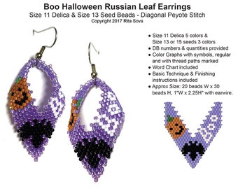 Kolczyki Boo Halloween w kształcie liści - samouczek dotyczący wzoru koralikowego do pobrania w formacie PDF - w zestawie BEZPŁATNY wzór na koronkowe kolczyki ślubne w kształcie liści!