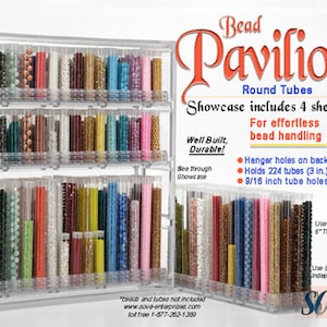 May include: Clear plastic bead storage organizer with four shelves. The organizer holds 224 bead tubes (3 inches) and has 9/16 inch tube holes. The organizer is labeled "Bead Pavilion Round Tubes".