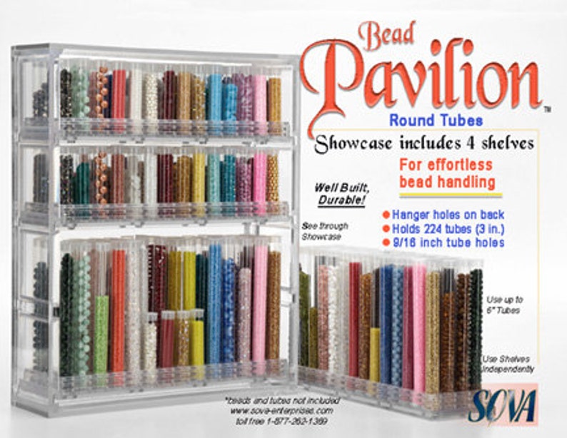 May include: Clear plastic bead storage organizer with four shelves. The organizer holds 224 bead tubes (3 inches) and has 9/16 inch tube holes. The organizer is labeled "Bead Pavilion Round Tubes".