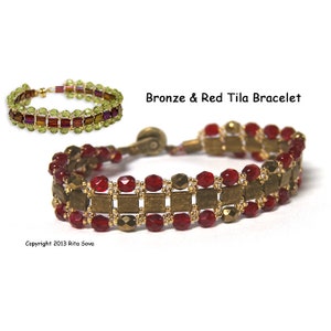 May include: A bronze and red Tila bracelet with a square and bead design. The bracelet features red beads and bronze-colored square tiles. The text "Bronze & Red Tila Bracelet" is visible.
