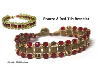Instant PDF Download Bronze & Red Tila Bracelet - Beaded Bracelet Pattern Tutorial