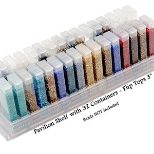 Bead Pavilion Shelf Flip Top with 32 Flip Top Containers & Caps - Bead Storage Organizer