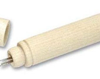 May include: A wooden case with a lid, containing a set of needles. The case is made of light wood and has a simple design.