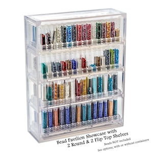May include: Clear plastic bead storage organizer with four shelves. The organizer has two round shelves and two flip-top shelves.  Beads NOT included. See options; with or without containers.