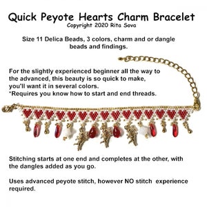 Instant PDF Download Quick Peyote Hearts Charm Bracelet - Beaded Bracelet Pattern Tutorial