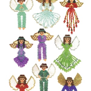 May include: Nine beaded angel ornaments with different colored dresses and outfits. The angels have white wings and gold halos. The title "Angel Designs" and "Advanced Brick Stitch & Fringe Techniques" are at the top and bottom of the image.