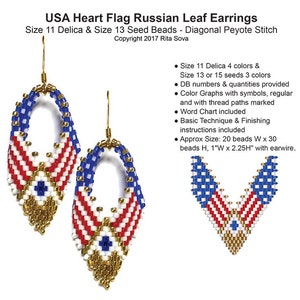 May include: A pair of beaded earrings in the shape of a heart with the American flag colors. The earrings are made with size 11 Delica and size 13 seed beads. The earrings are approximately 1 inch wide by 2.25 inches tall.