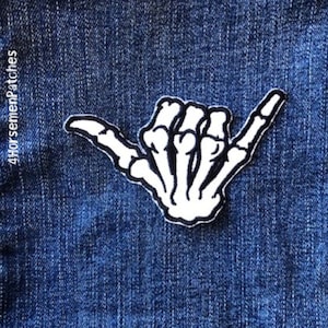 Shaka Sign Iron On Patch: Skull Hand Embroidery (4&quot;)
