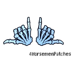 May include: Two blue skeleton hands making the "shaka" hand gesture. The hands are outlined in black. The text "4HorsemenPatches" is below the hands.