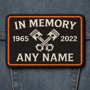 In Memory Biker Name Patch: Custom Embroidered RIP Motorcycle Pistons