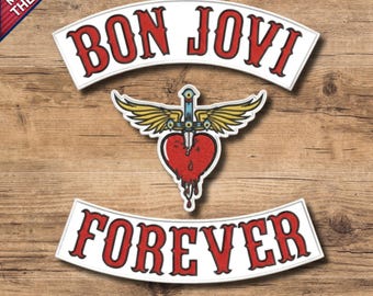 Conjunto de 3 parches estilo rockero inspirados en Bon Jovi Forever, para planchar en chaquetas.