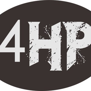 May include: A dark brown oval with the white text "4HR" in a distressed, grunge-style font. The numbers and letters have a textured, worn appearance, suggesting a vintage or industrial aesthetic.