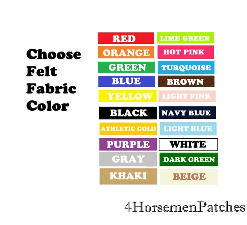 Puede incluir: Un gr&aacute;fico que muestra 16 colores diferentes de tela de fieltro para elegir. Los colores son rojo, naranja, verde, azul, amarillo, negro, oro atl&eacute;tico, morado, gris, caqui, verde lima, rosa intenso, turquesa, marr&oacute;n, rosa claro, azul marino, azul claro, blanco, verde oscuro y beige. El texto "Choose Felt Fabric Color" est&aacute; en la parte superior del gr&aacute;fico. El texto "4HorsemenPatches" est&aacute; en la parte inferior del gr&aacute;fico.