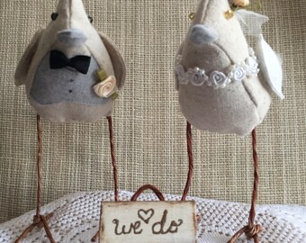 Rustic fabric wedding birds cake topper/decoration