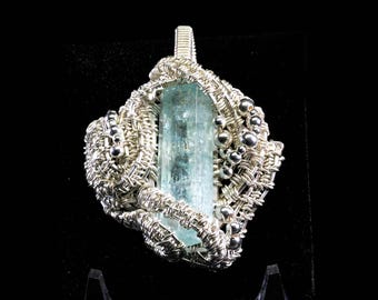 Hand-wrapped Aquamarine Crystal Pendant in Sterling Silver | Shigar Valley, Pakistan | 34ct Beryl