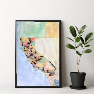 California Map Print, State Map of California, Local Artist, Travel Art, California Print, California Art, California Map by County P81