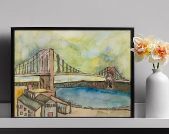 Brooklyn Bridge Art Print, Colorful NYC Watercolor, Cityscape Painting P48