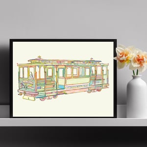 San Francisco Local Artist, Trolley Art, Line Art, California Print, City Art Prints, Watercolor Cityscape, Travel Art Bay Area Wall Art P69