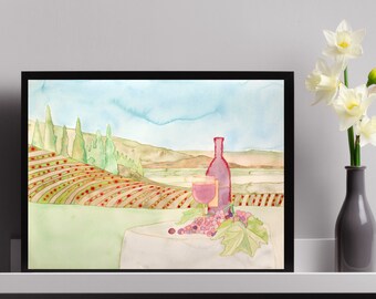 Wine Country Watercolor Print, California Vineyard Art, Wine Lover P83