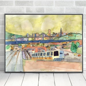 Watercolor Cityscape, Travel Art, City Art, San Francisco Print, Bay Area Wall Art, Bridge Art, Urban Wall Art, Oakland Bay Bridge P66