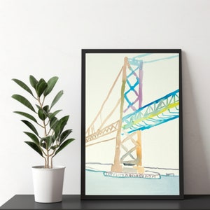 Bridge Art, Watercolor Urban Art, City Painting, Contemporary Art California Wall Art Print, San Francisco Art Print, Oakland Bay Bridge P30