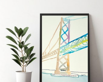 Bridge Art, Watercolor Urban Art, City Painting, Contemporary Art California Wall Art Print, San Francisco Art Print, Oakland Bay Bridge P30