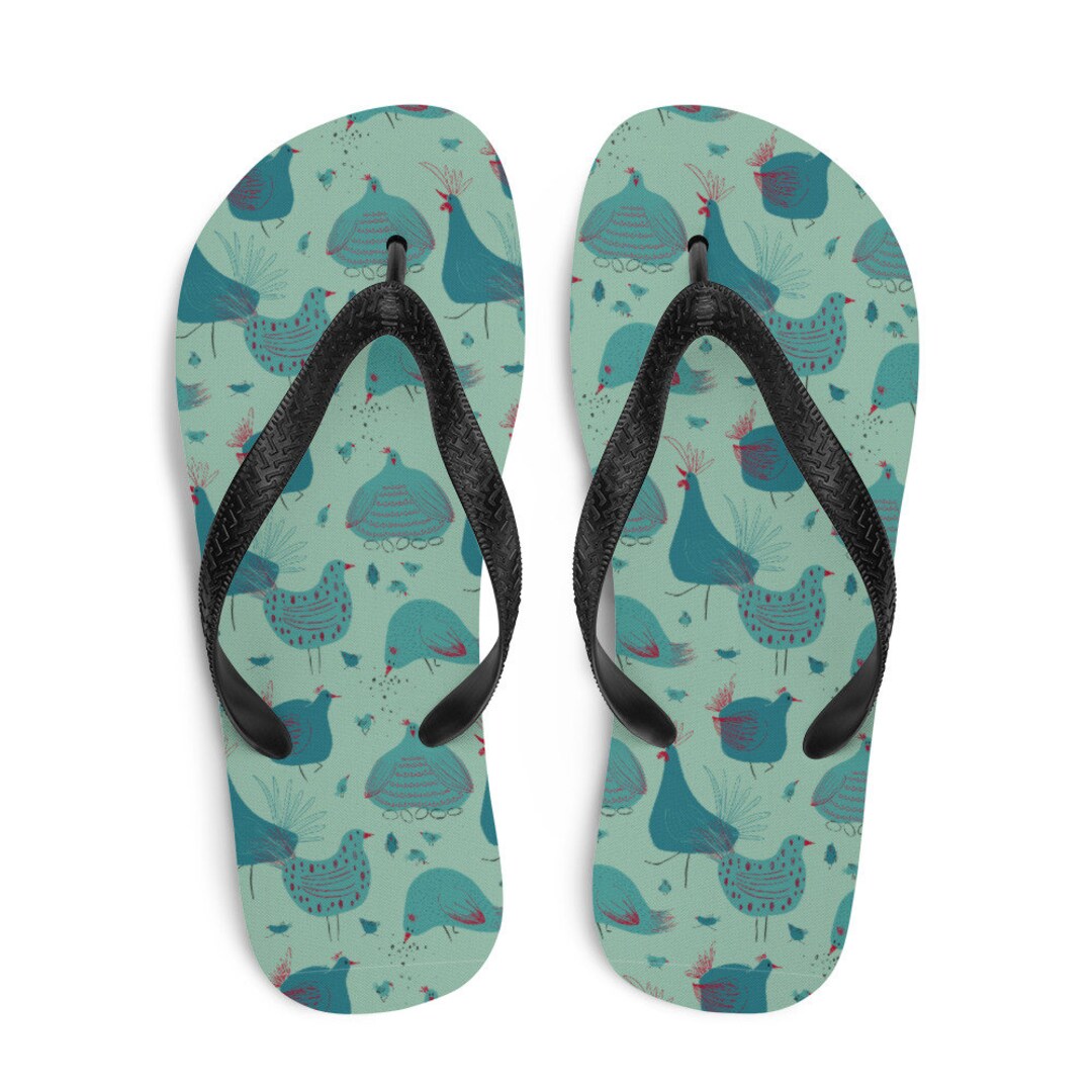 Teal Hens Flipflops, Chicken Flip Flops, Chicken Shoes, Farm Shoes