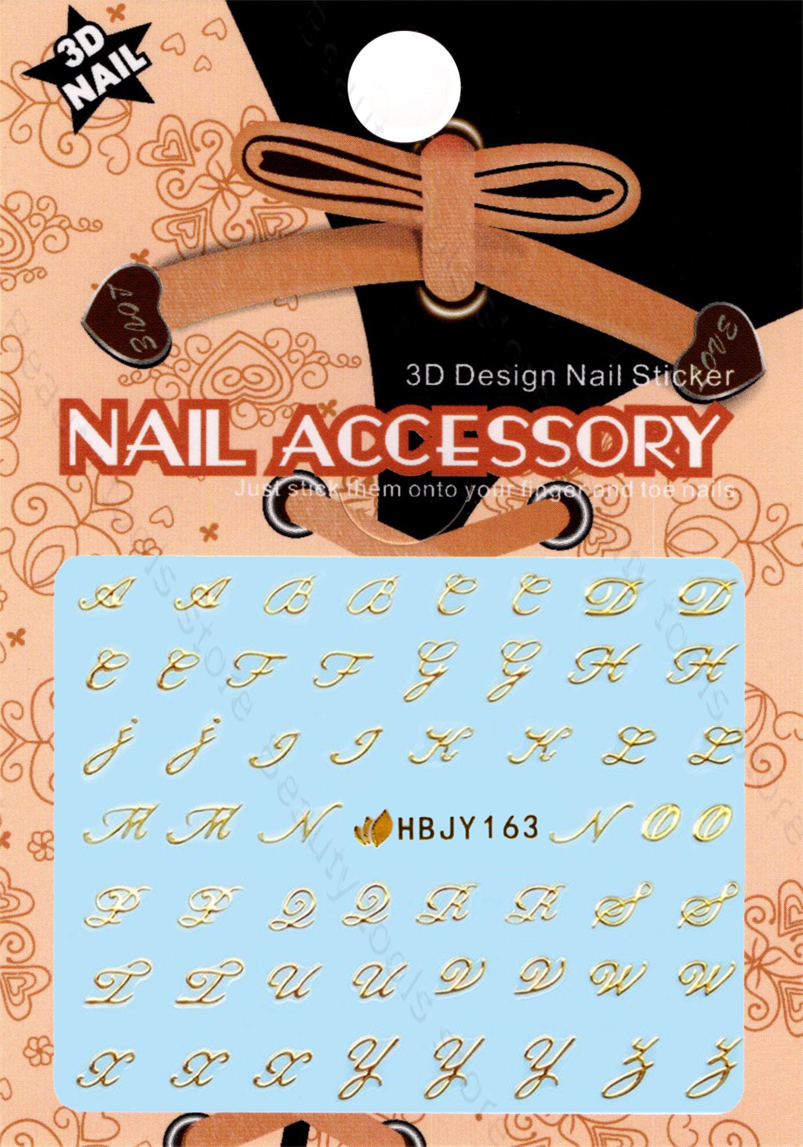 Nail Art 3D Decal Stickers Alphabet Letters in Writing Gold 