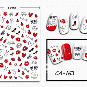 Nail art 3D stickers decal red lips white hearts kiss CA163