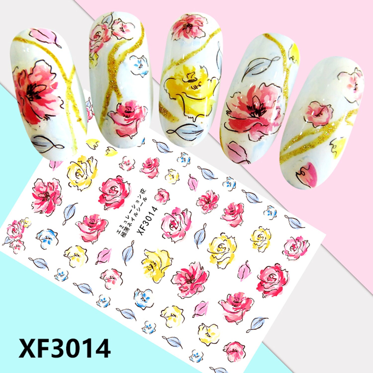 Nail Art 3D Decal Stickers Beautiful Yellow Red Blue Rose Blue