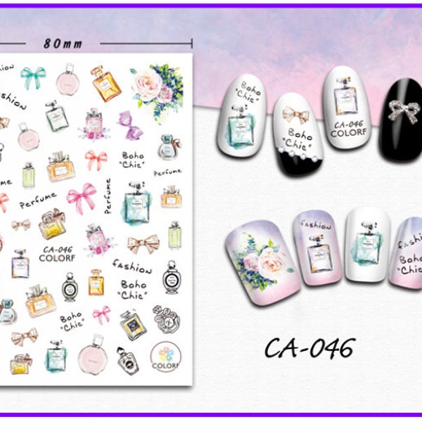 Nail Art 3D Decal Stickers Perfume Pink Green Bottles CA046