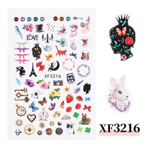 Nail Art 3D Decal Stickers love Eiffel tower key cat moon fairy cupid XF3216