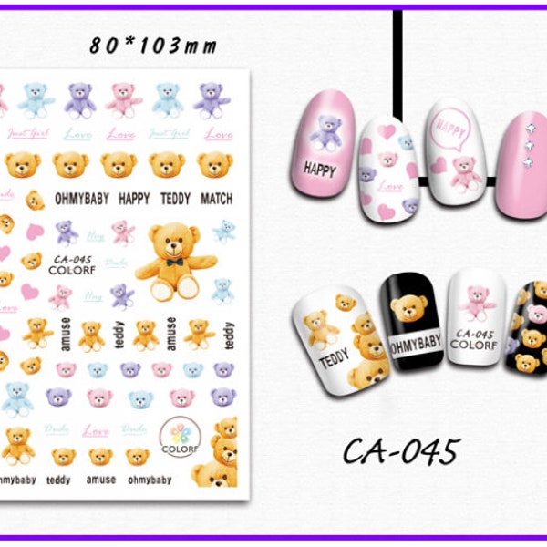 Nail Art 3D Decal Stickers Cartoon Classic Brown Pink Blue Bear CA045