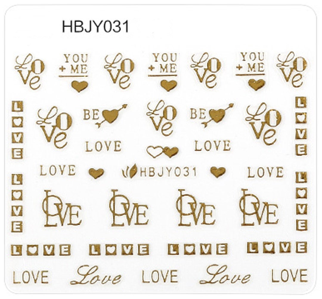 1PCS Colored Roman Alphabet Nail Art Stickers 3D Golden Heart