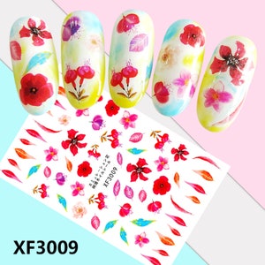 Nail Art 3D Decal Stickers beautiful red flower blue red leaves XF3009