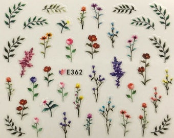 Nail Art 3D Decal Stickers Small Flowers with Stems & Fern Leaves E362