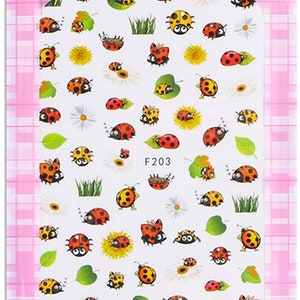 Nail Art 3D Decal Stickers yellow red orange ladybug white yellow flowers F203
