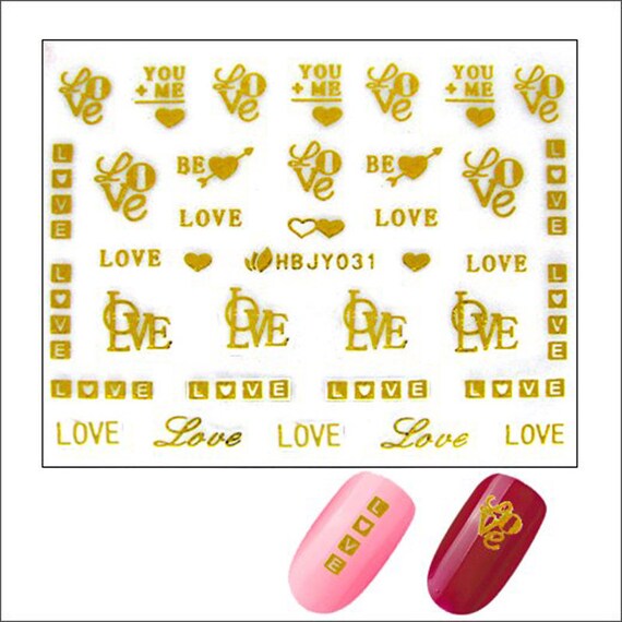 1PCS Colored Roman Alphabet Nail Art Stickers 3D Golden Heart