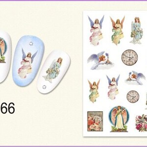 May include: Nail art stickers featuring a variety of images, including angels, clocks, and floral designs. The stickers are white with blue and gold accents. The product code is E766.