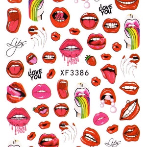 Nail Art 3D Decal Stickers beautiful red lips tongue rainbow cherry XF3386