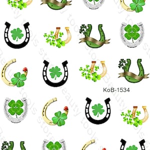 Stickers transfert d&#39;eau nail art beau trèfle fer à cheval porte-bonheur KoB-1534