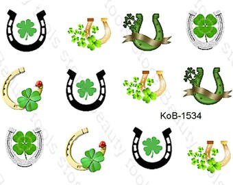 Pegatinas de transferencia de agua para decoración de uñas, hermoso trébol de la suerte, herradura KoB-1534