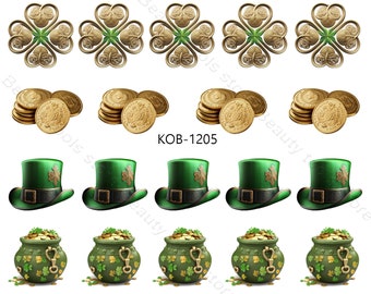 Pegatina de transferencia de agua para decoración de uñas, KoB-1205 de monedas de oro con sombrero verde para el día de San Patricio