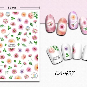 Nail art 3D stickers decal pink roses yellow purple flowers green leaves CA457
