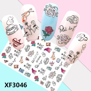 Nail Art 3D Decal Stickers Paris violin rose cup machine XF3046